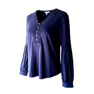 Lauren Ralph Lauren Navy Henley Blouse Medium Balloon Sleeve Pintuck Top NWT